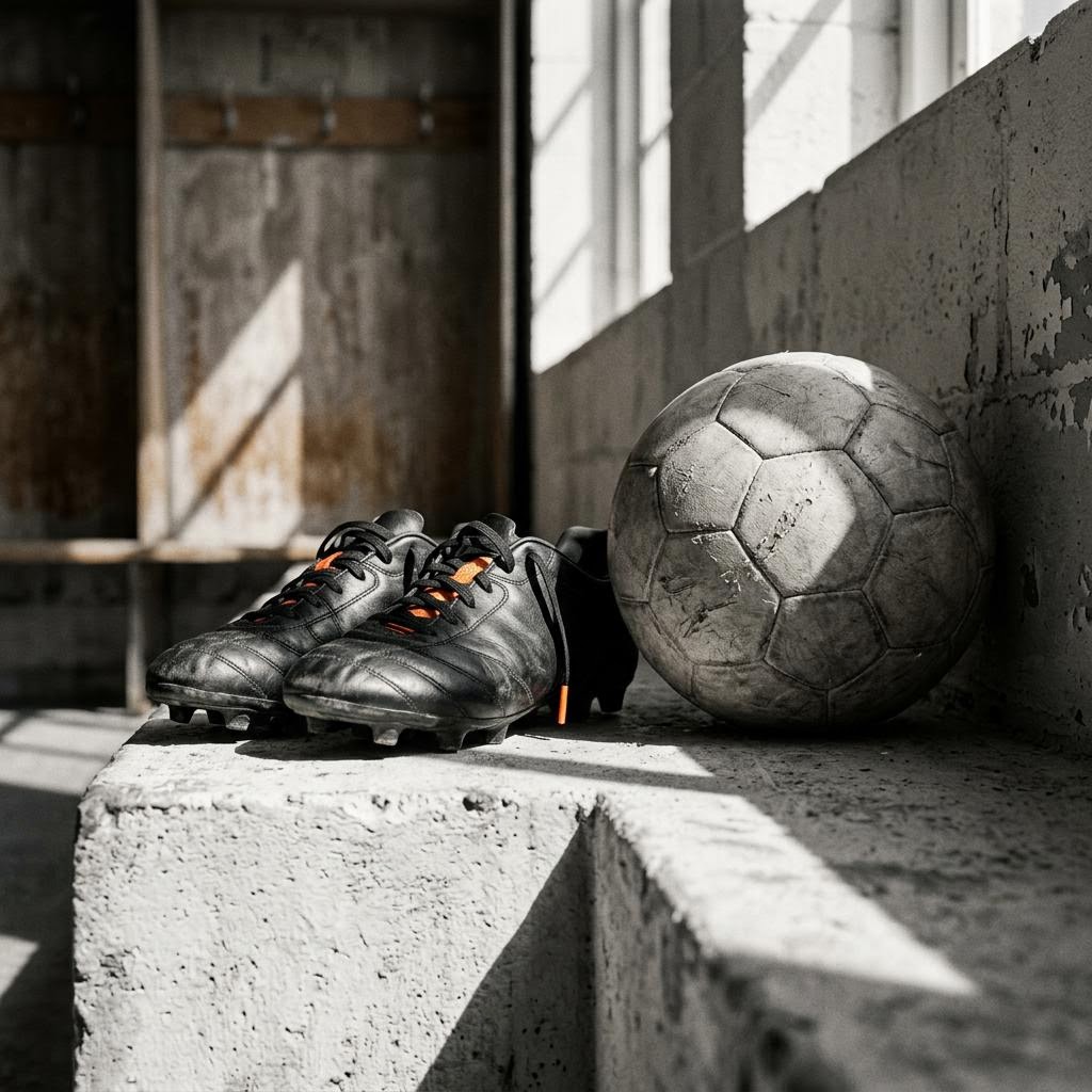 Unbranded cleats and a soccer ball on a concrete bench