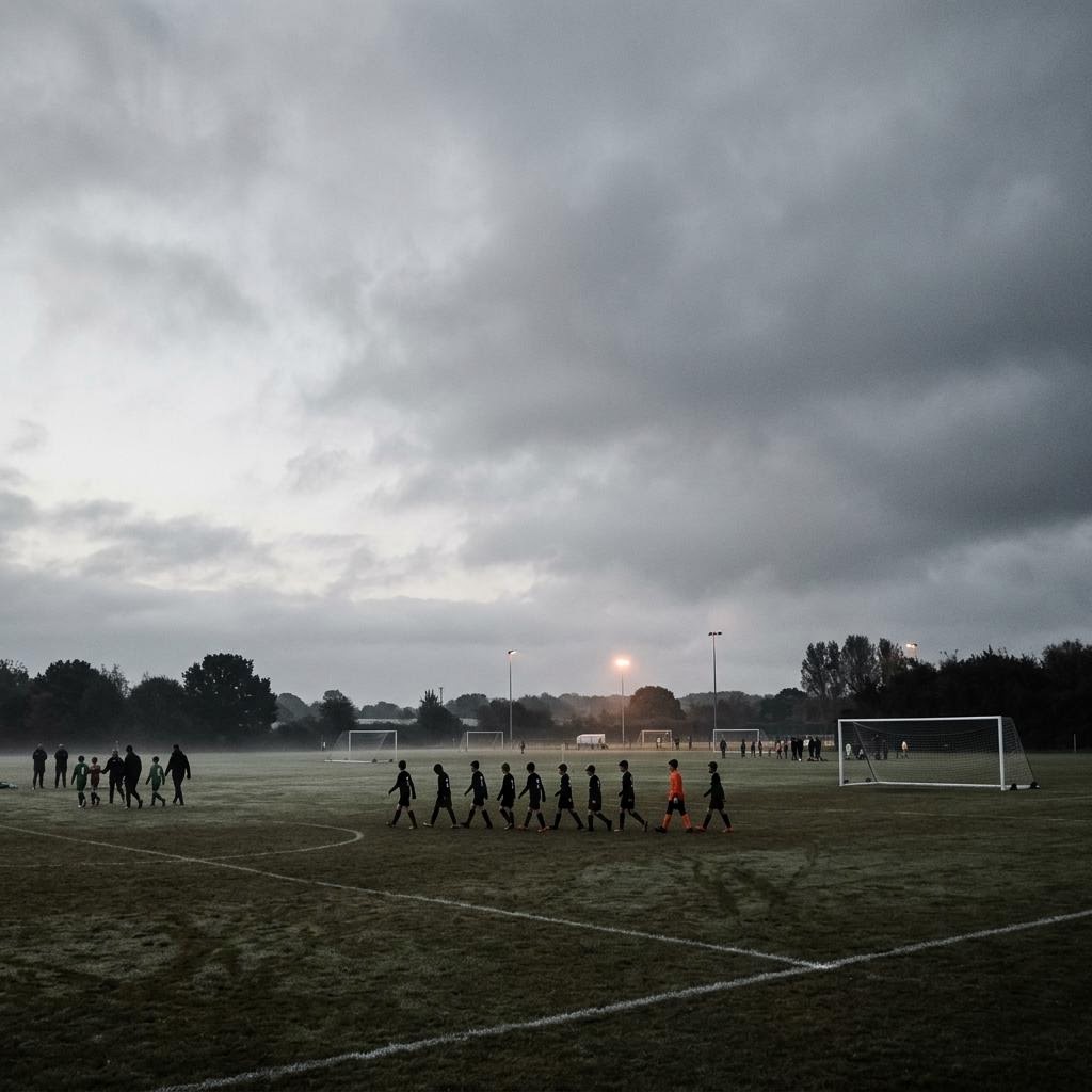 Youth soccer players crossing a pitch on an overcast morning