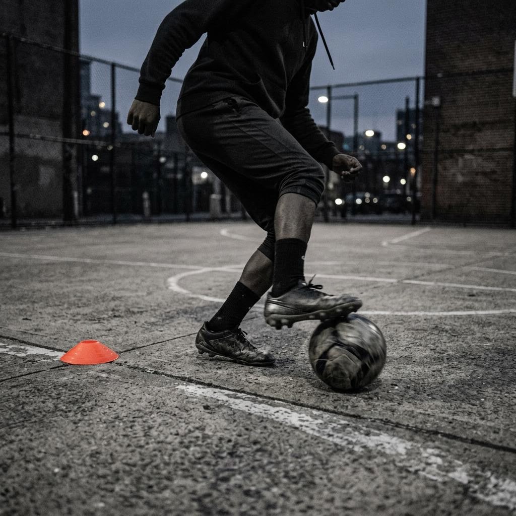 Youth player practicing close control on an outdoor court at dusk
